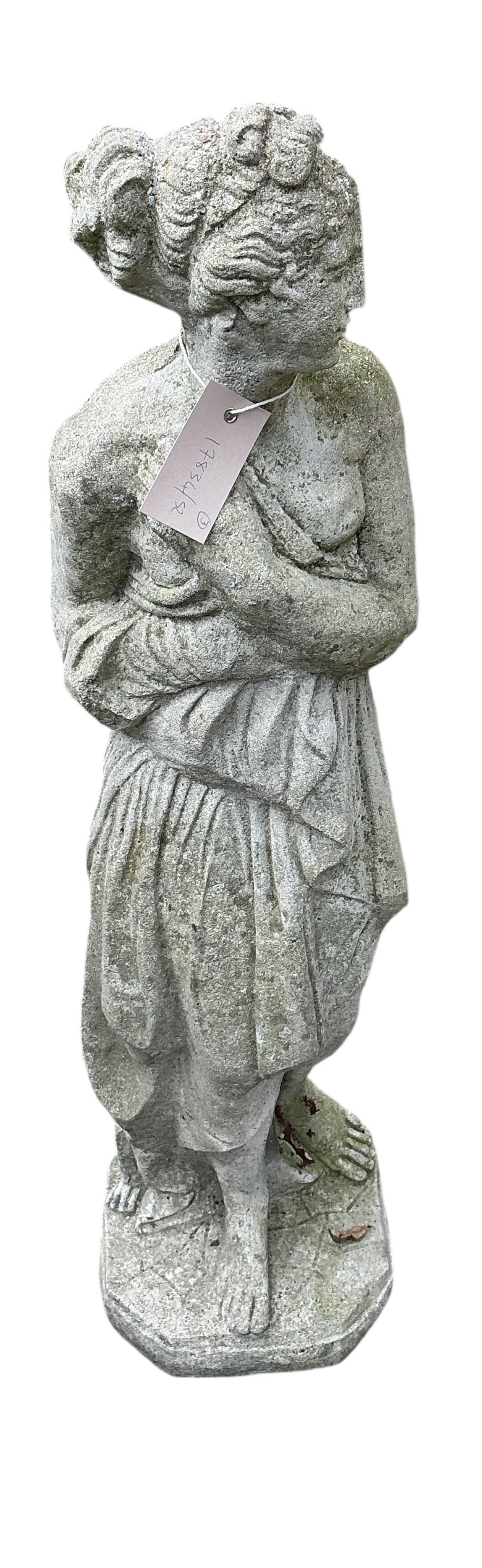 Three reconstituted stone female figure garden ornaments, largest height 92cm